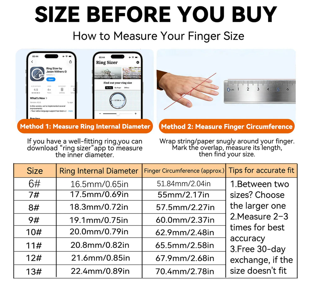 How to measure ring size with ring sizer app and finger circumference chart