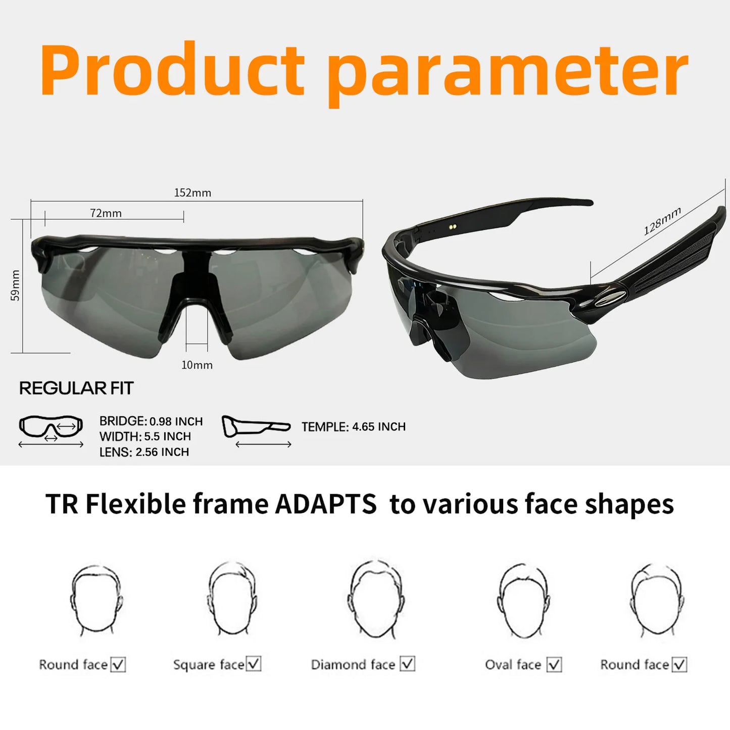 Osawalla smart glasses product dimensions and TR flexible frame fit guide