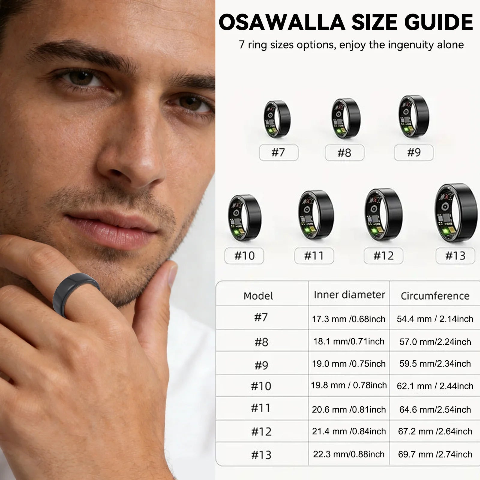 Man wearing Osawalla RP02 smart ring next to size guide chart with 7 ring sizes and measurements