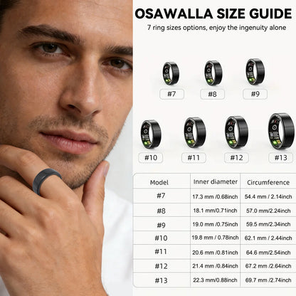 Man wearing Osawalla RP02 smart ring next to size guide chart with 7 ring sizes and measurements