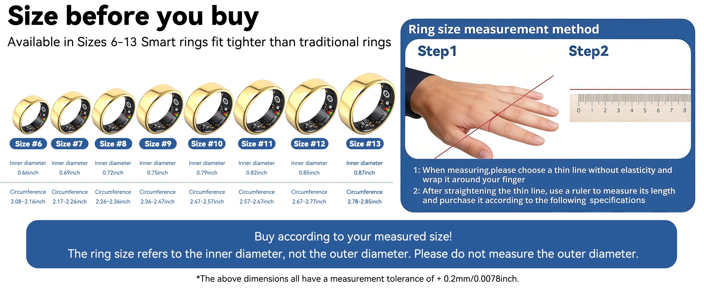 Smart ring size chart 6-13 with inner diameter circumference measurement guide