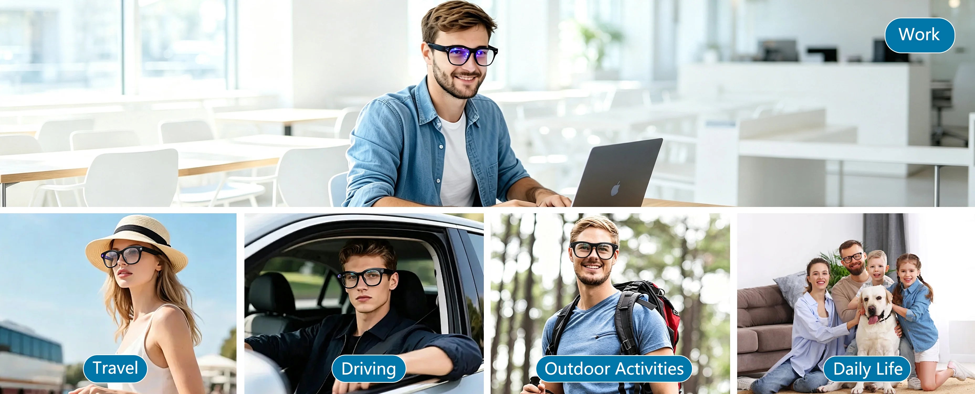 Osawalla GP10 smart glasses multi‑scene collage: work, travel, driving, outdoor activities and daily family life usage scenarios