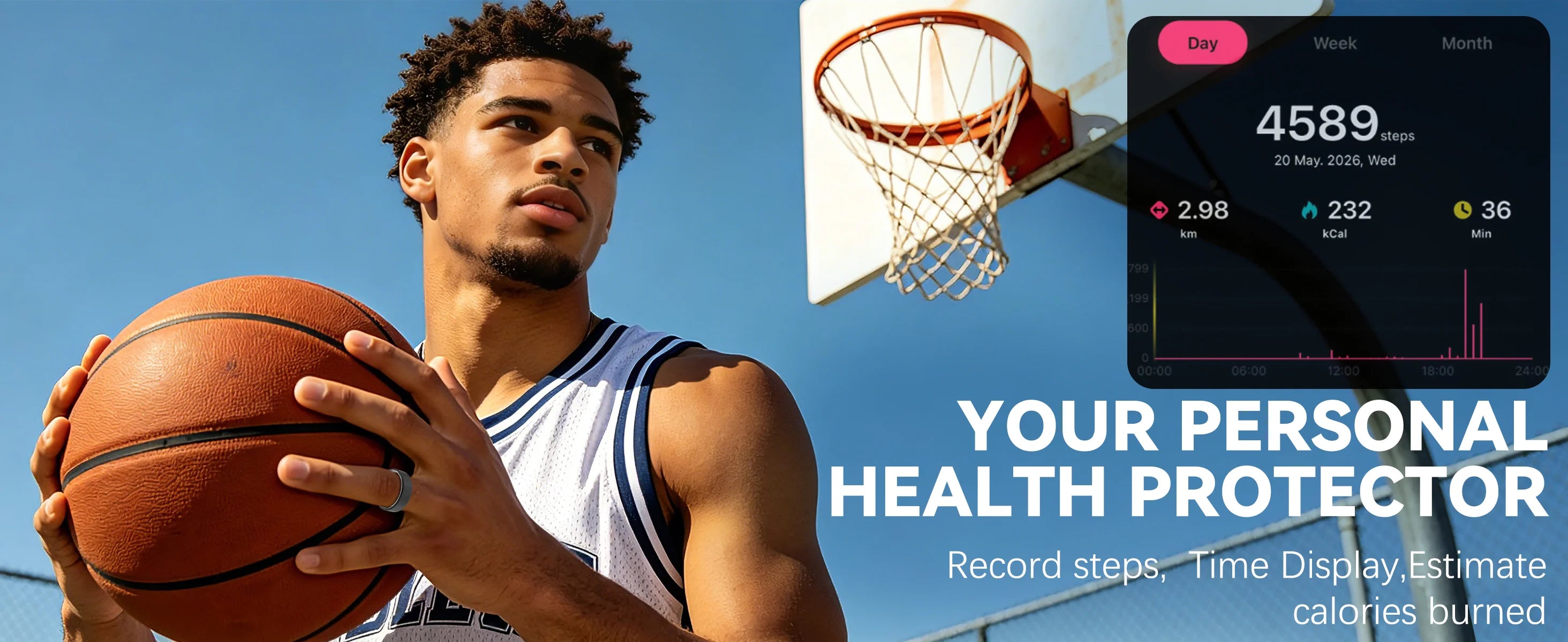 Osawalla Qring smart ring health protector banner steps calories basketball