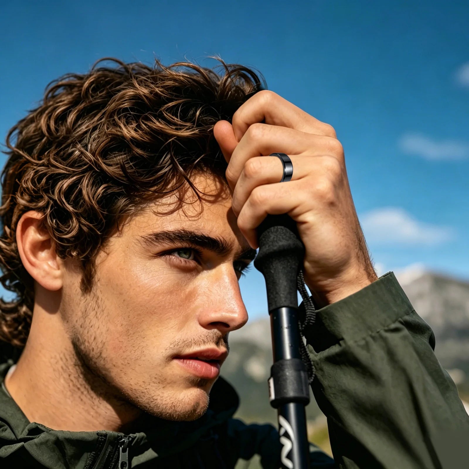 Man hiking outdoors wearing Osawalla RP02 smart ring on trekking pole