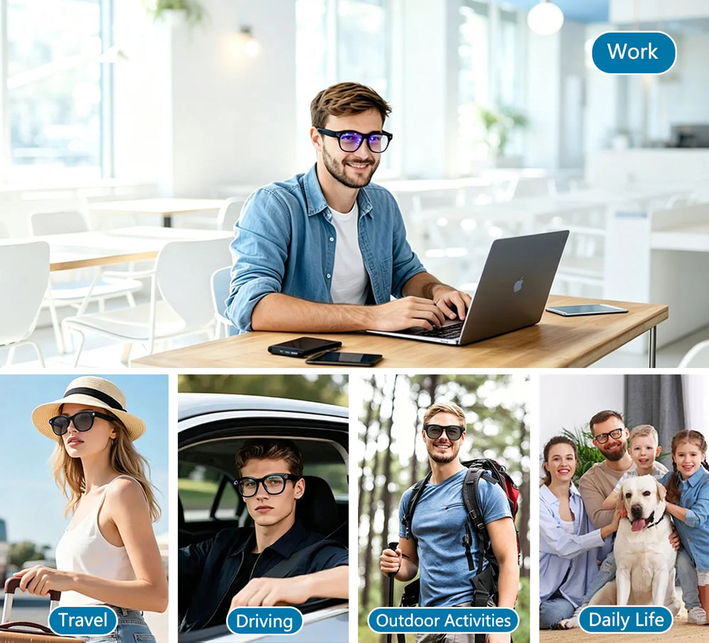 Osawalla GP10 smart‑glasses multi‑usage collage, scenarios for work, travel, driving, outdoor activities and daily family life