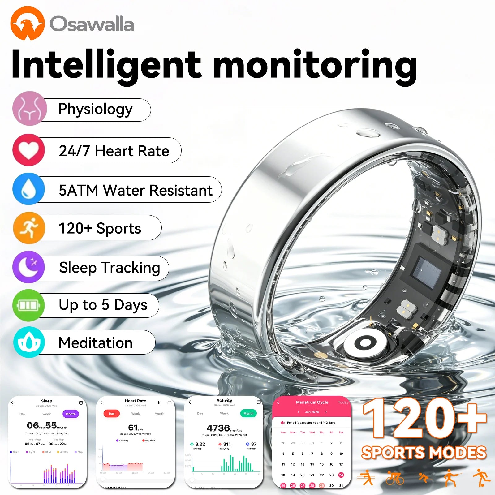 Osawalla RP02 smart ring with intelligent monitoring for heart rate, sleep, sports, and menstrual cycle