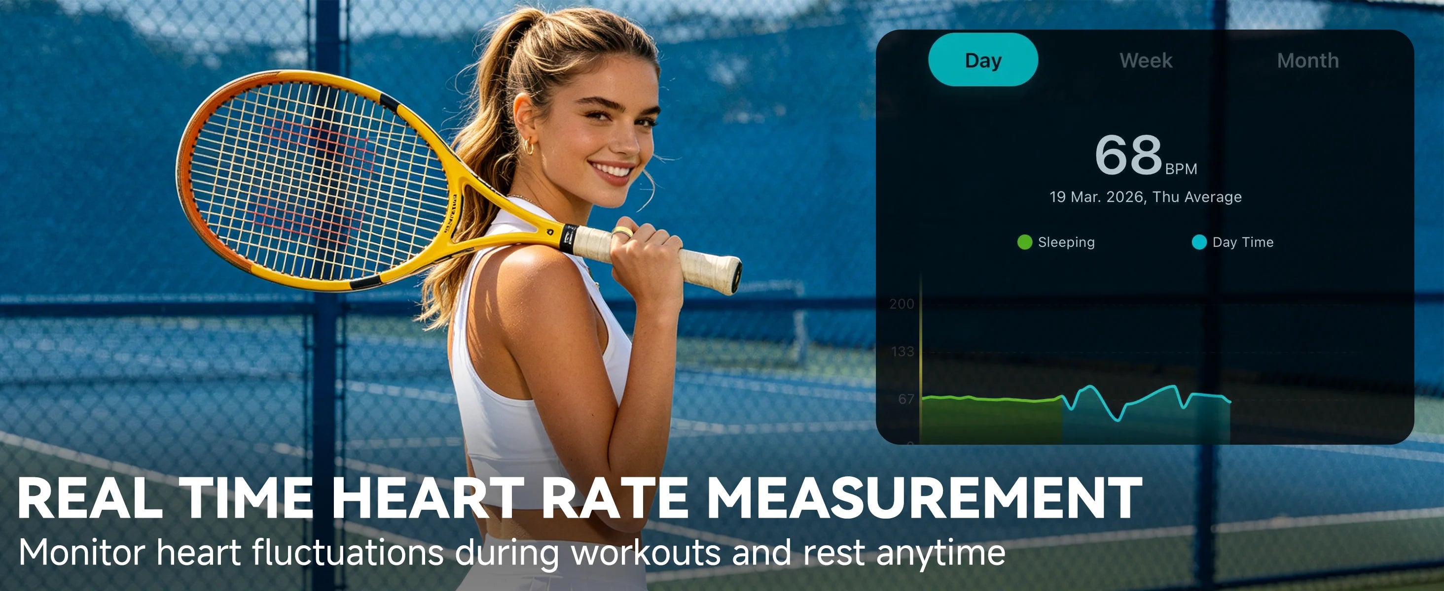 Woman on tennis court wearing Osawalla Qring with real-time heart rate app