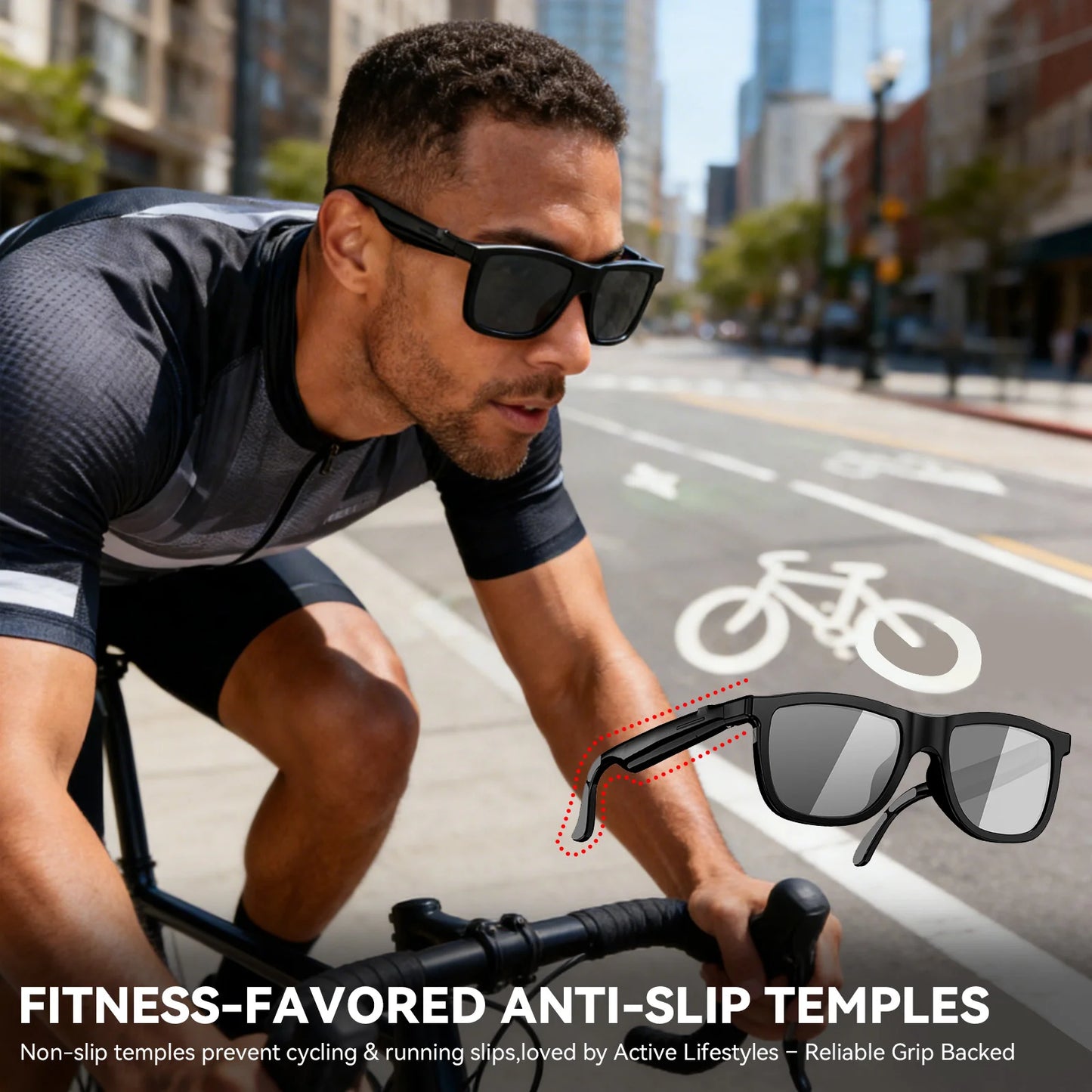 Smart Bluetooth audio sunglasses with anti-slip temples for cycling, running and outdoor sports