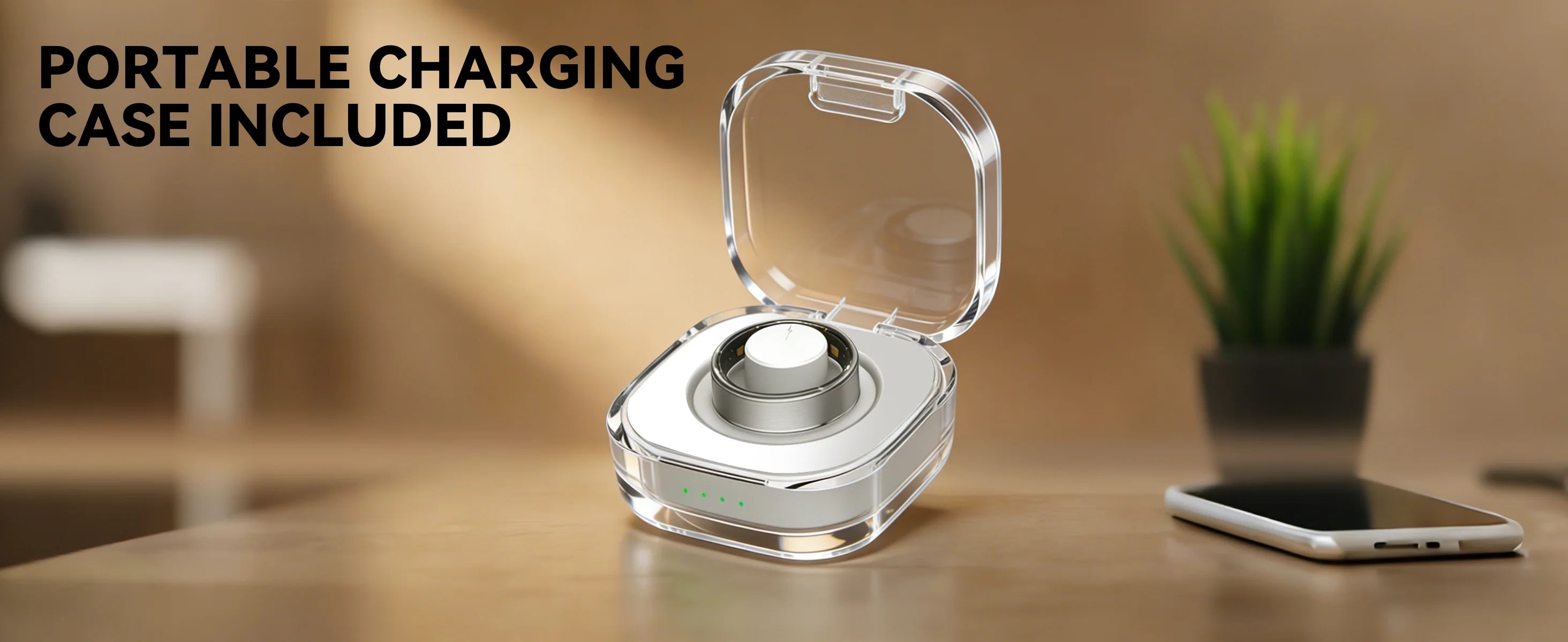 Wide banner of Osawalla Qring portable charging case on desk with smartphone