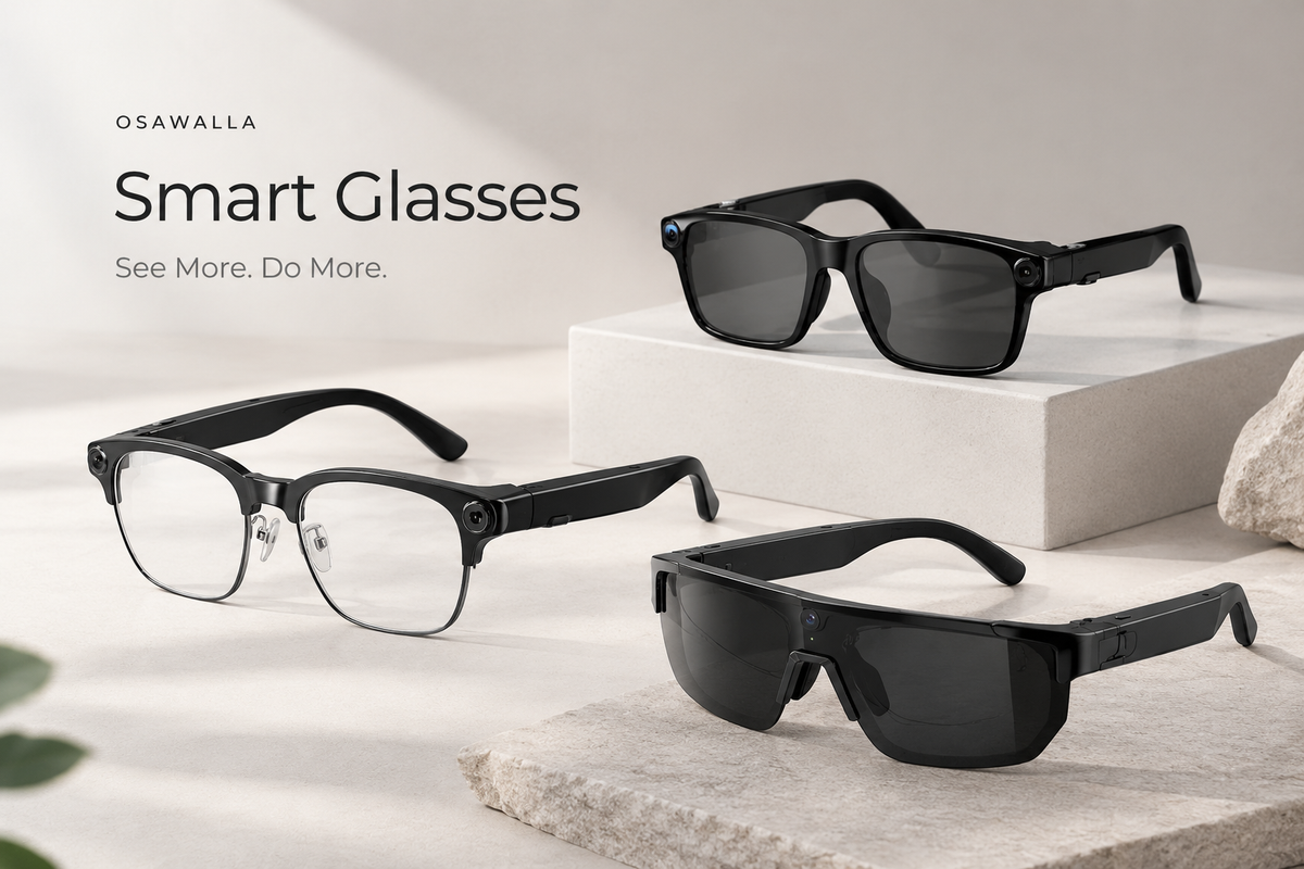 OSAWALLA smart glasses, dark studio shot