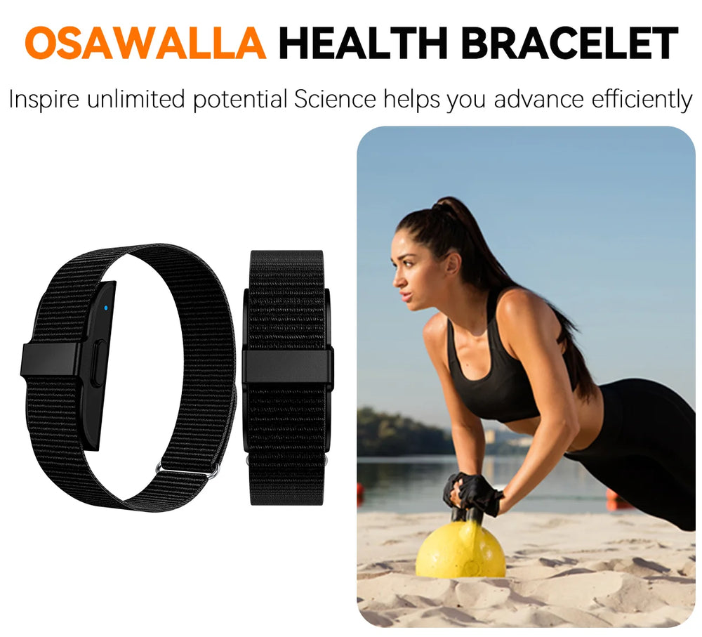 Osawalla Health Bracelet with black strap and woman doing kettlebell workout