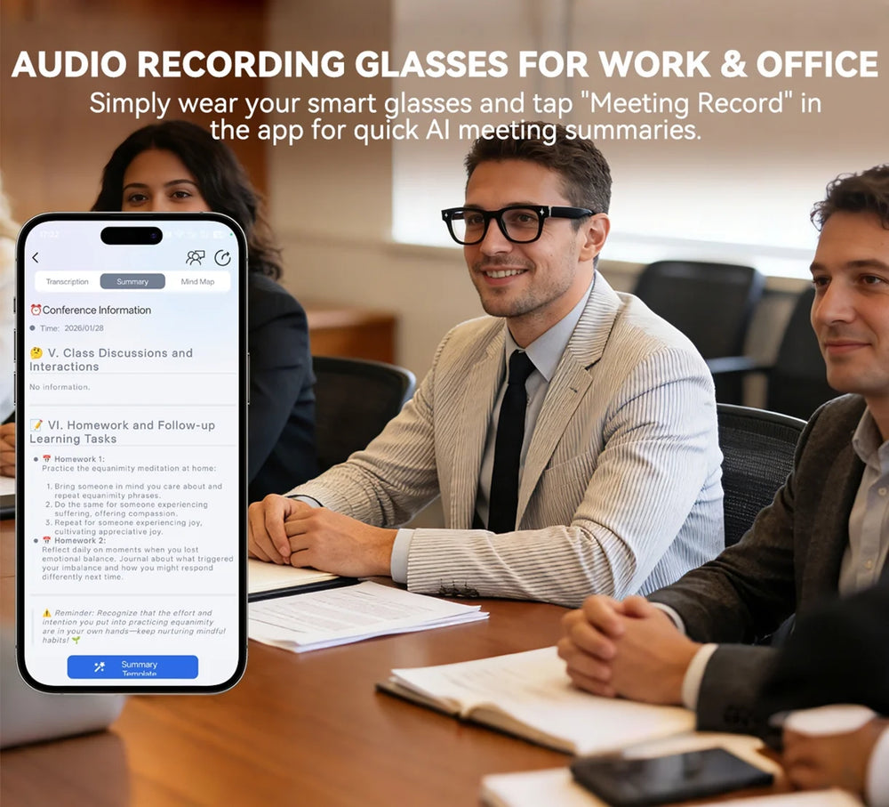 Osawalla smart glasses audio recording AI meeting summary work office
