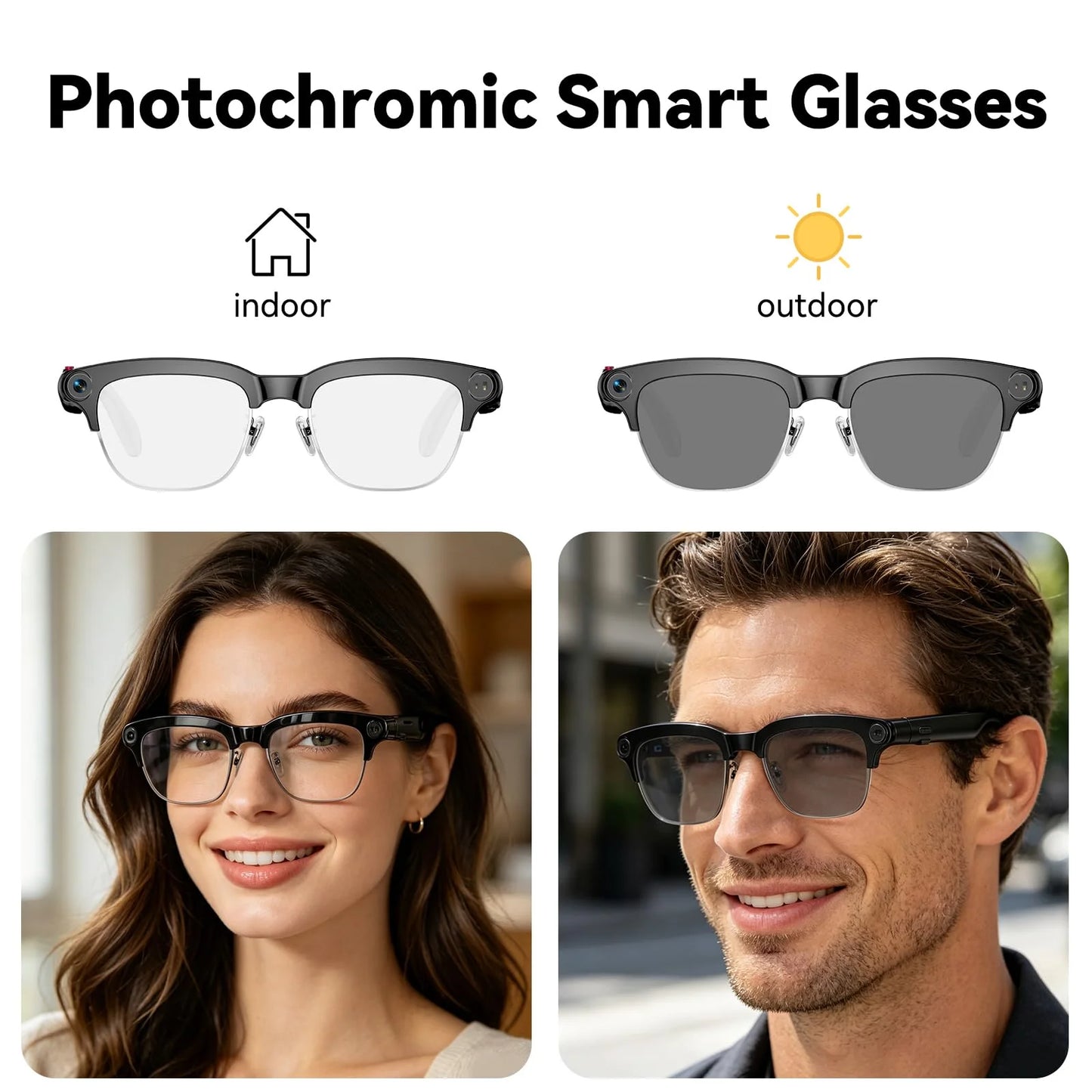 Osawalla photochromic smart glasses with clear indoor and tinted outdoor lenses