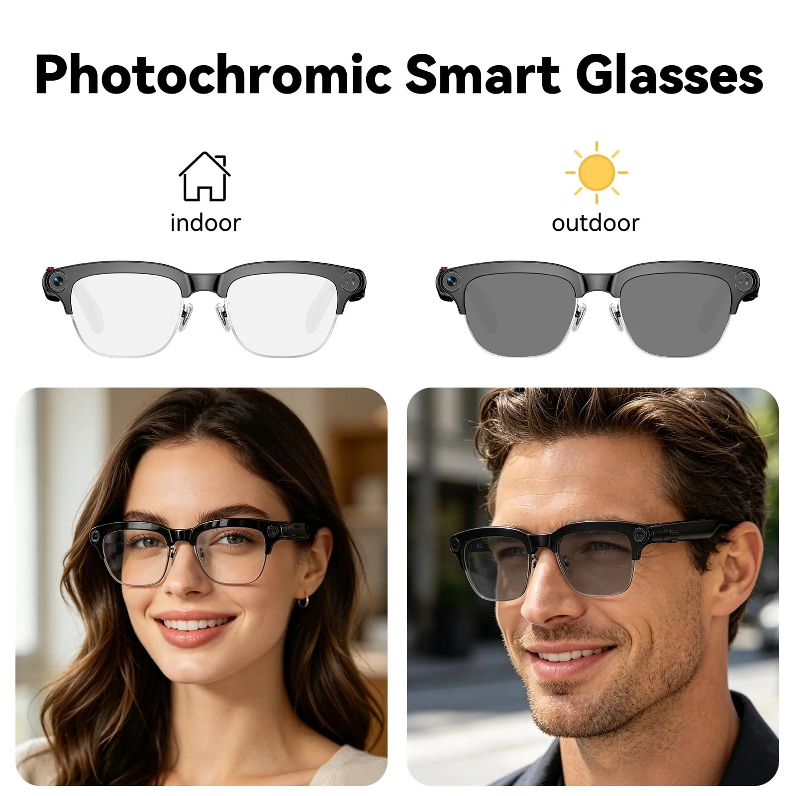 Osawalla photochromic smart glasses with clear indoor and tinted outdoor lenses