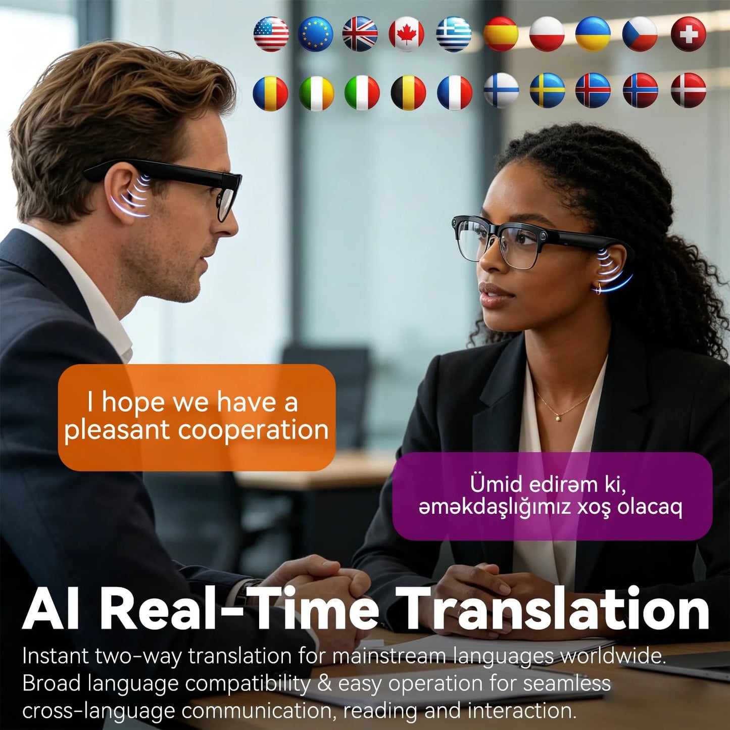 Business professionals wearing Osawalla smart glasses with real-time translation
