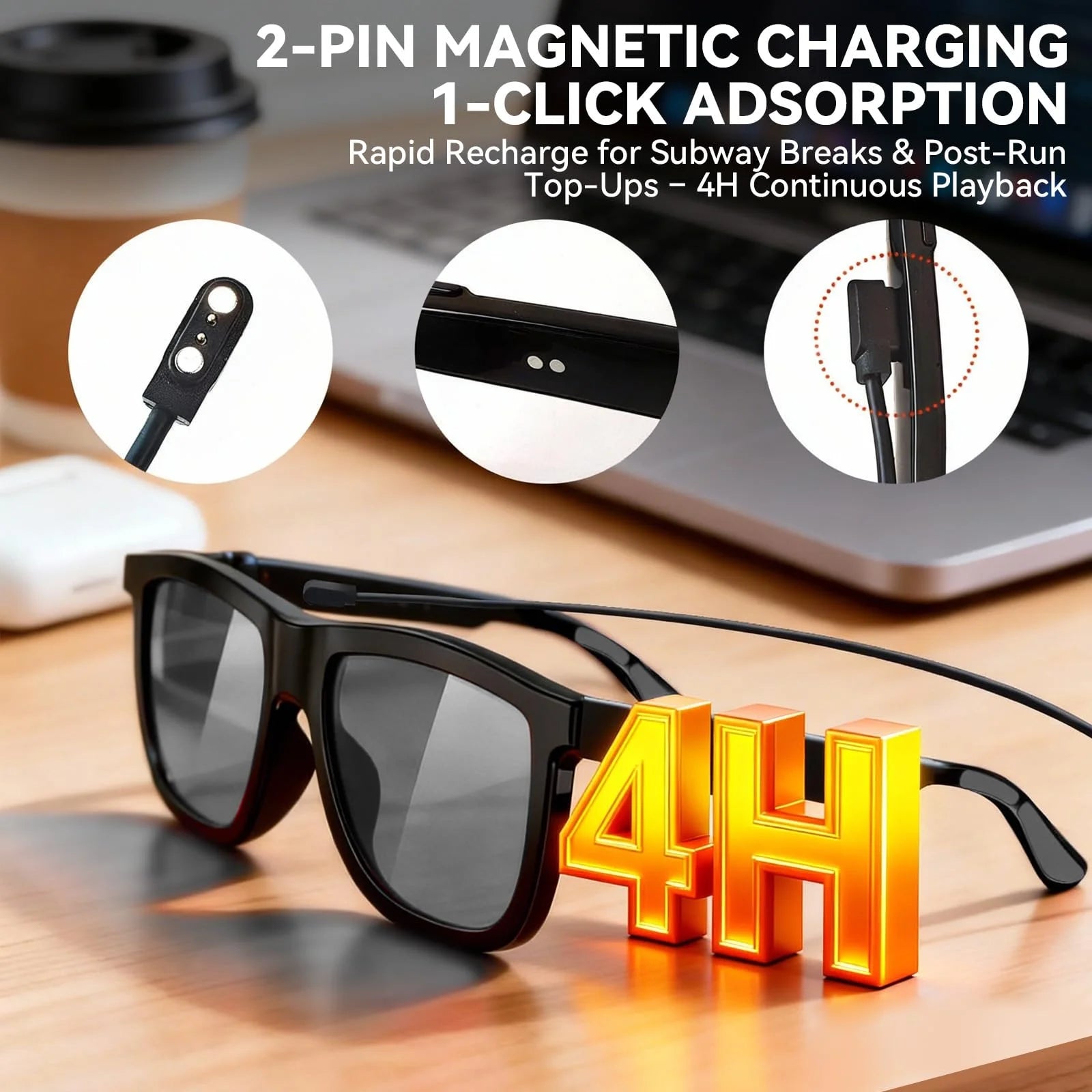 Bluetooth smart glasses equipped with magnetic charging and up to 4 hours playtime