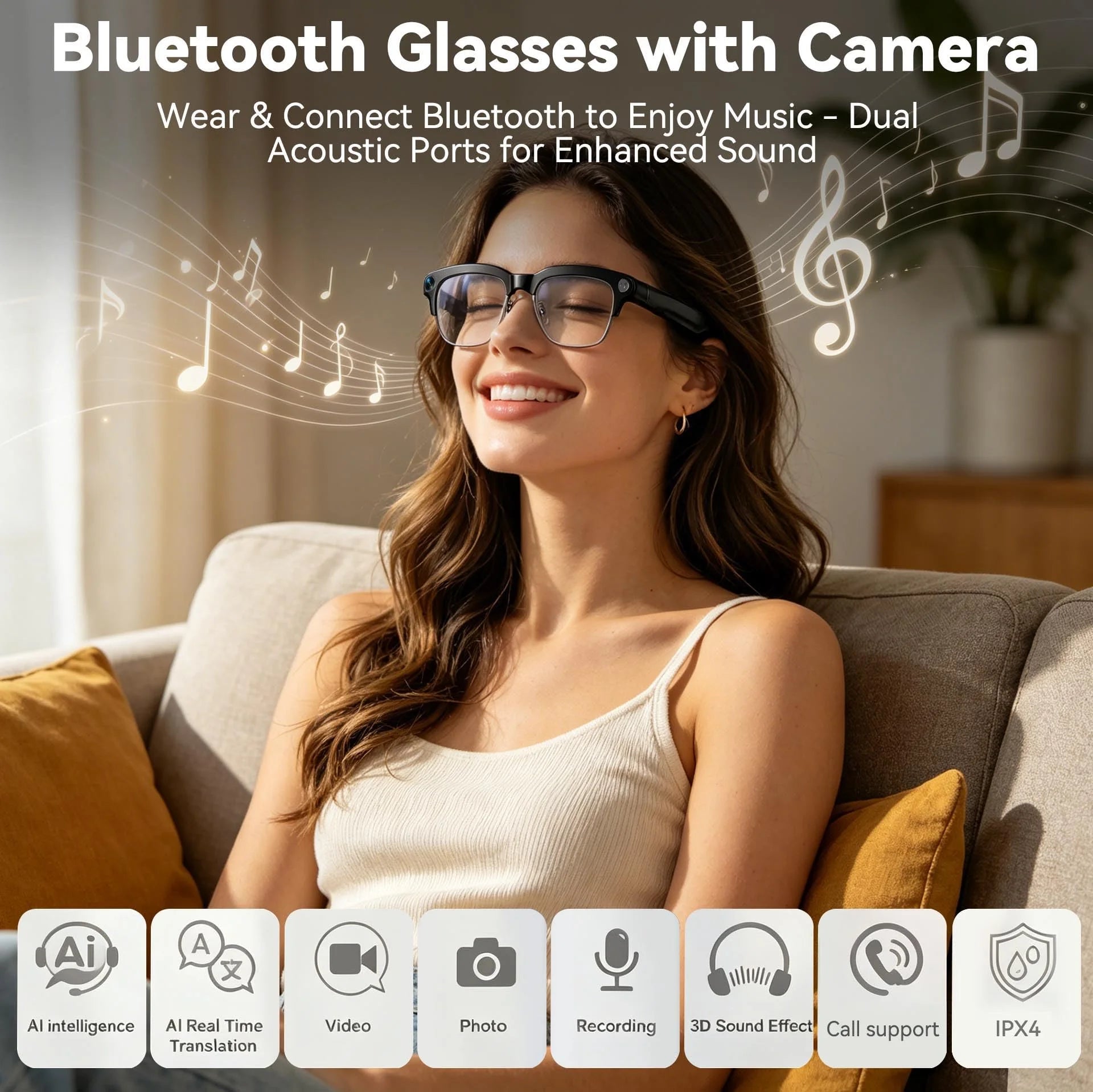 Woman relaxing at home wearing Osawalla Bluetooth glasses with camera and AI features