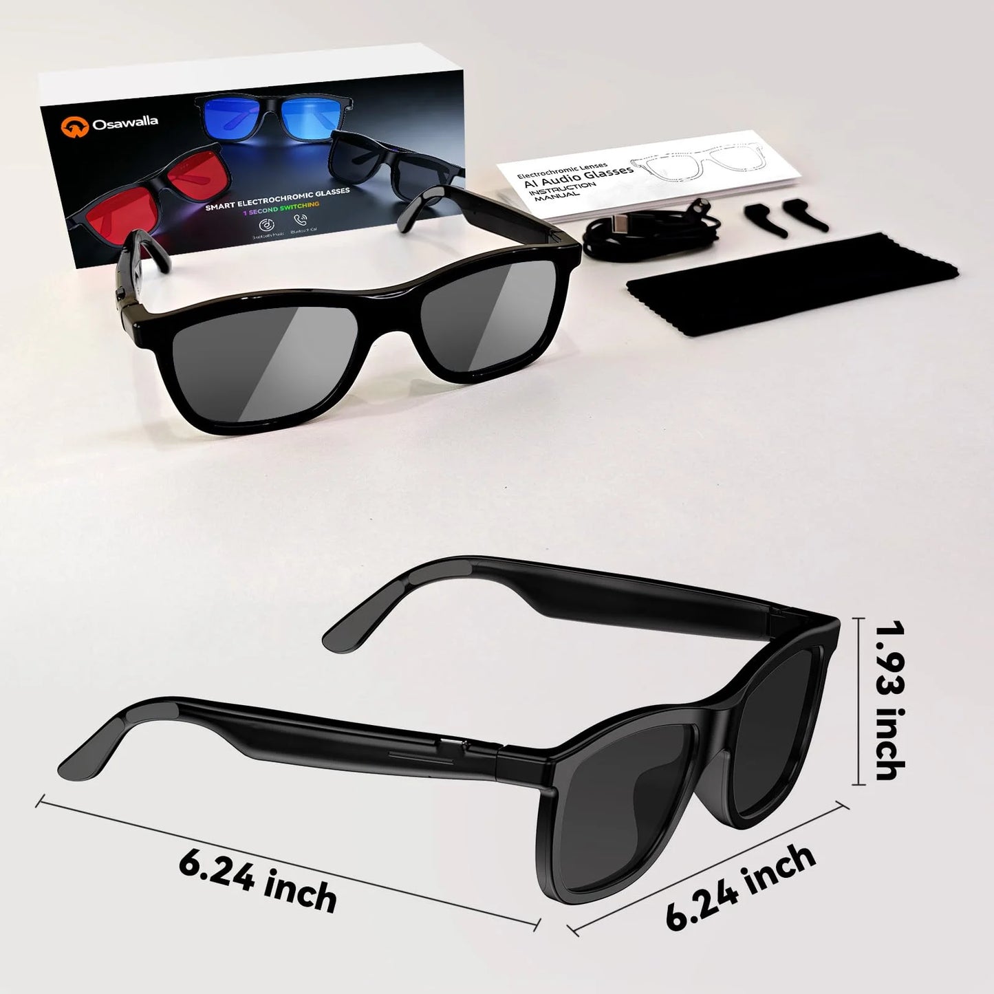 Packaging set of Osawalla Bluetooth smart glasses with size specifications and complete accessories