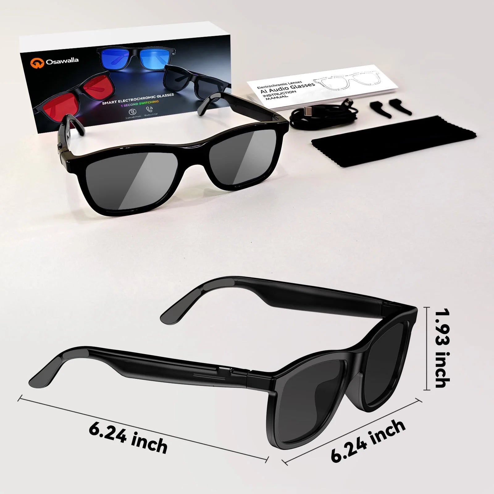 Packaging set of Osawalla Bluetooth smart glasses with size specifications and complete accessories