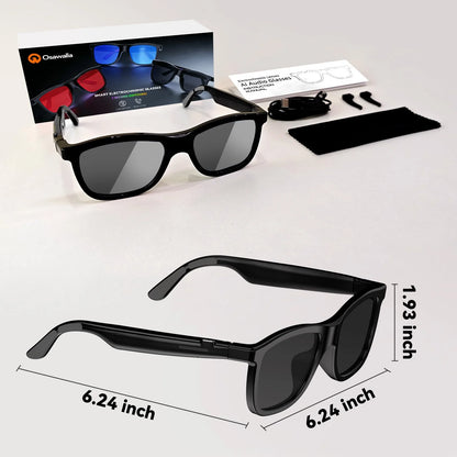 Packaging set of Osawalla Bluetooth smart glasses with size specifications and complete accessories