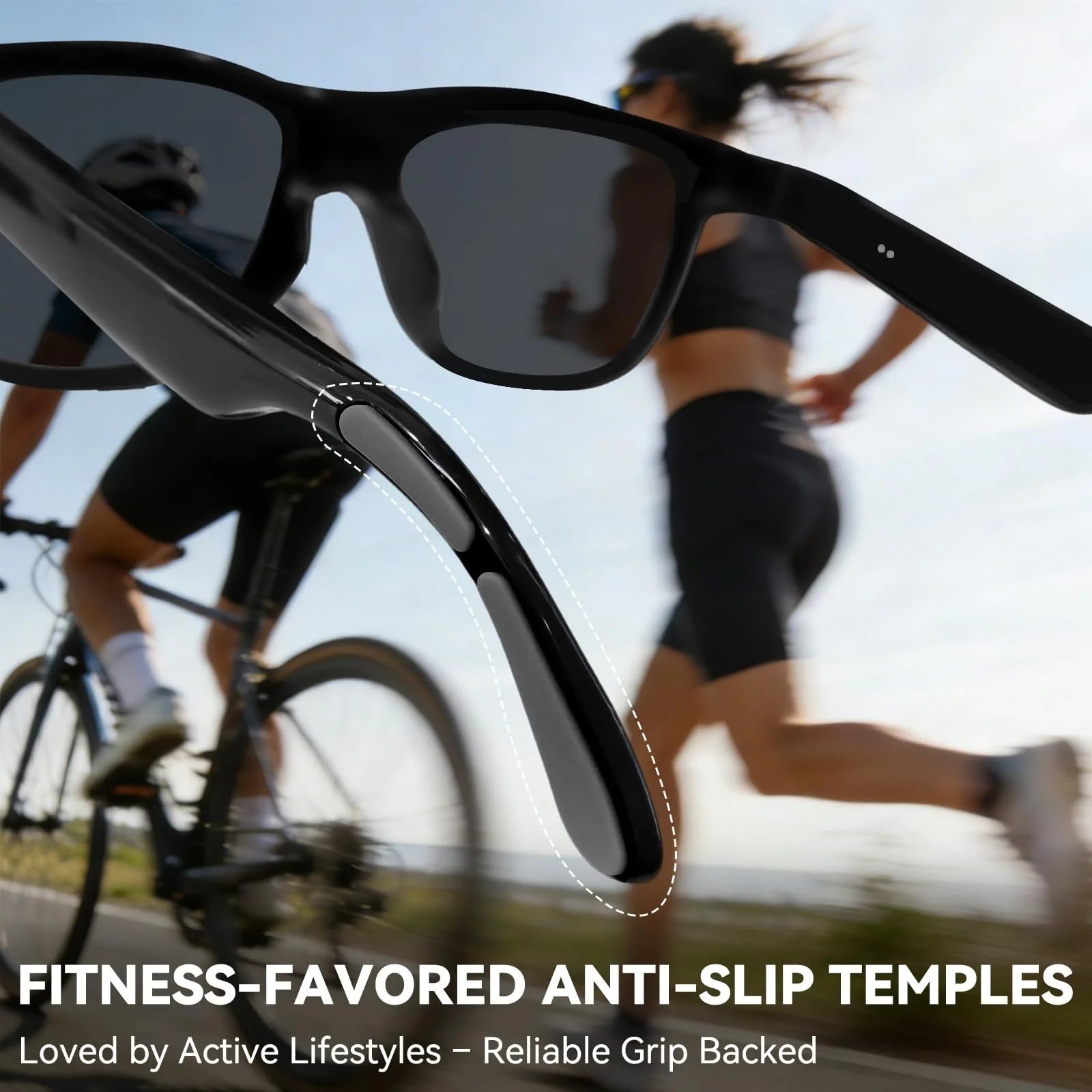 Bluetooth smart glasses featuring non-slip earpieces for sports and daily exercise