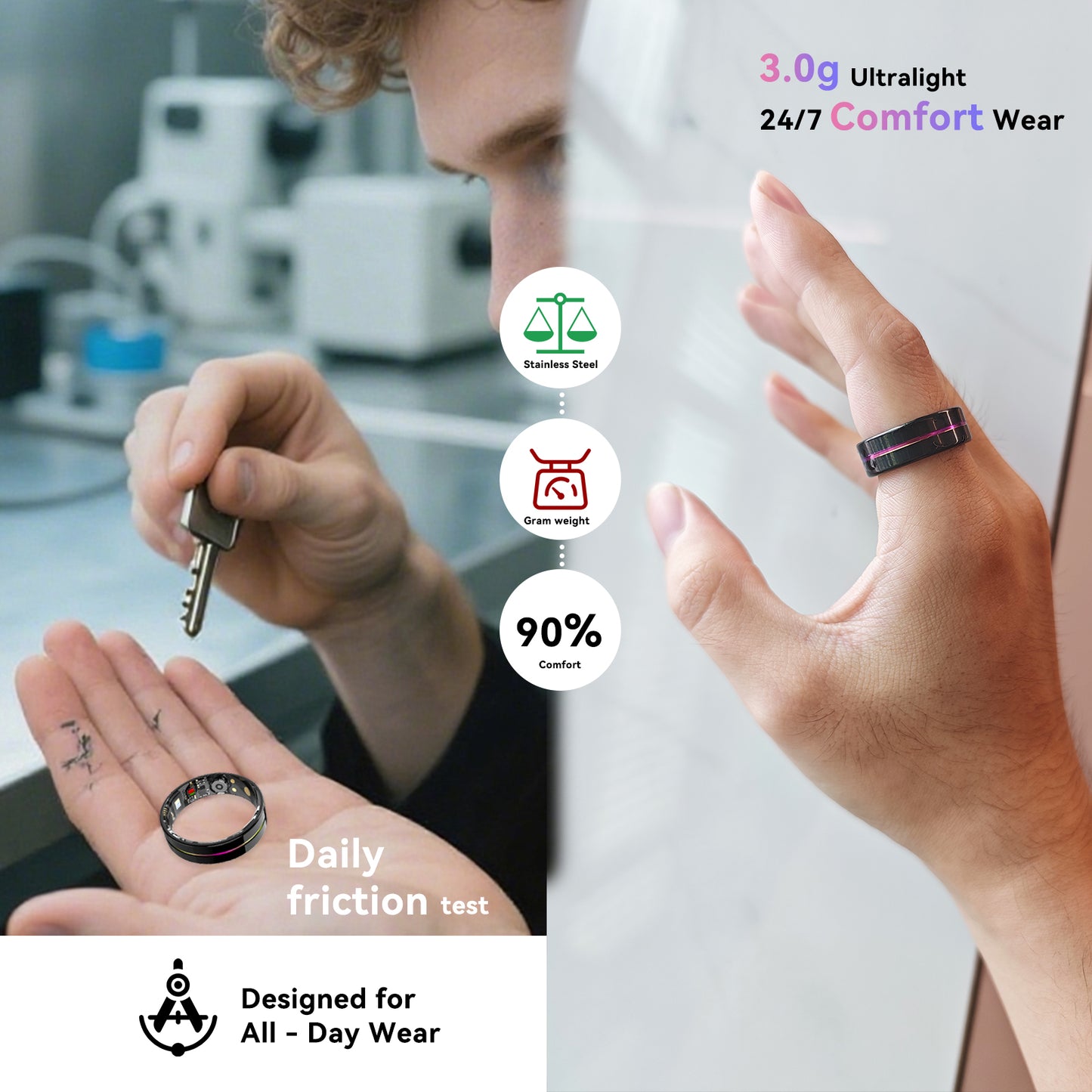 Black Rainbow Smart Health Ring - IP68 Waterproof Tracker (HR, SpO2, BP, Sleep, Steps) | iOS/Android No Subscription