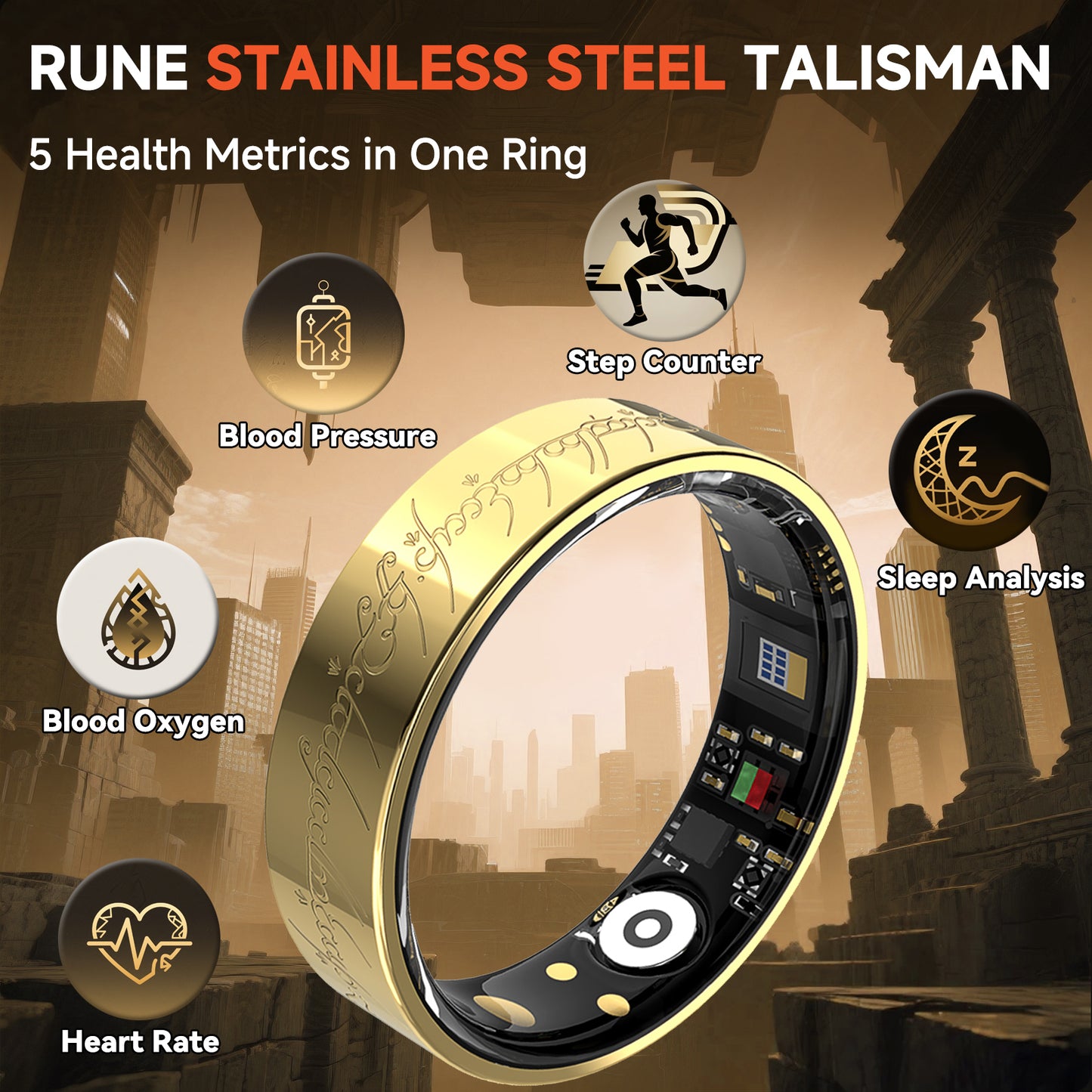 Gold Smart Health Ring - IP68 Waterproof Fitness Tracker (Heart Rate, SpO2, BP, Sleep, Steps) | iOS/Android No Subscription