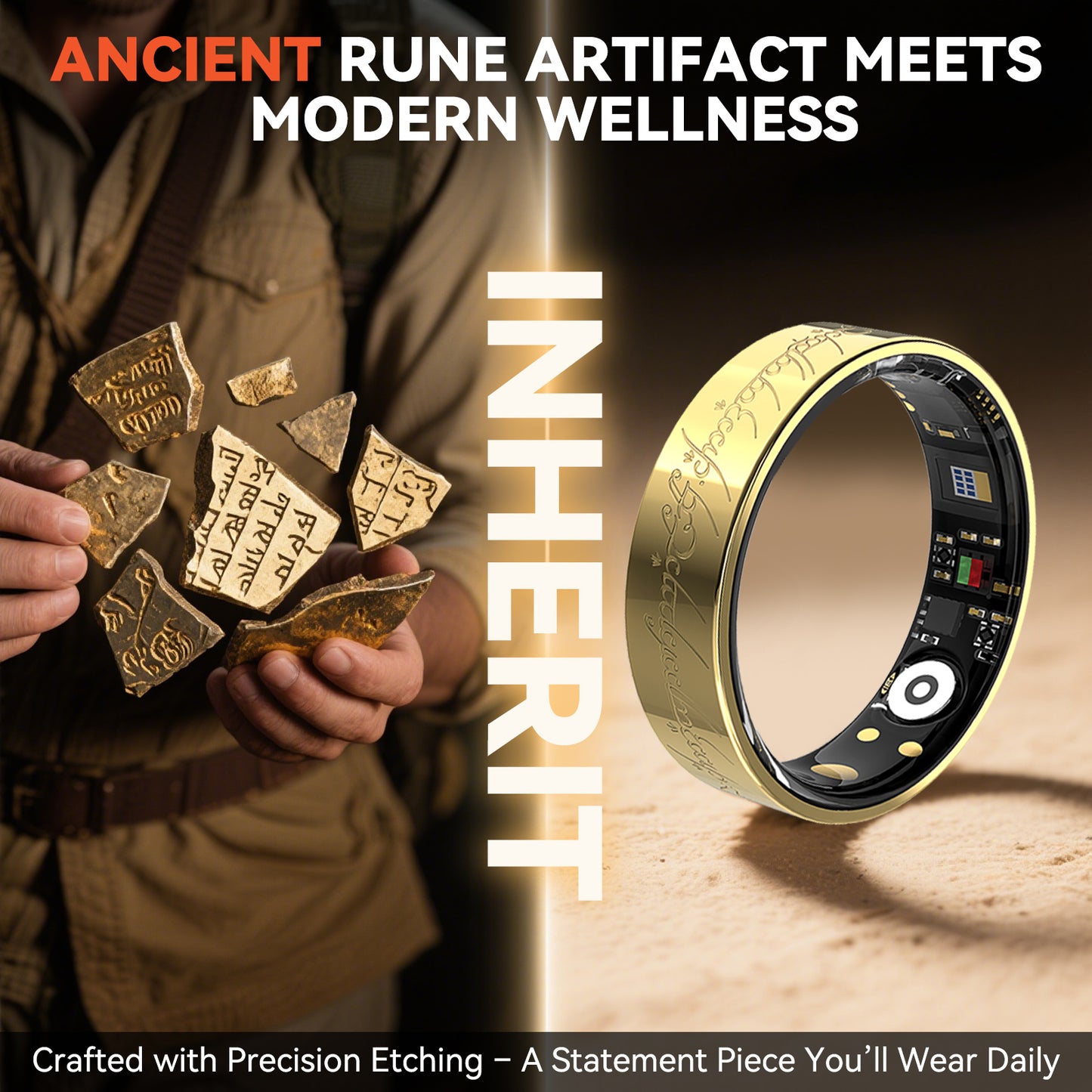 Gold Smart Health Ring - IP68 Waterproof Fitness Tracker (Heart Rate, SpO2, BP, Sleep, Steps) | iOS/Android No Subscription