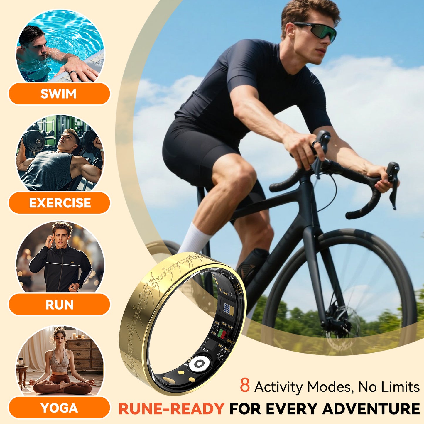 Gold Smart Health Ring - IP68 Waterproof Fitness Tracker (Heart Rate, SpO2, BP, Sleep, Steps) | iOS/Android No Subscription