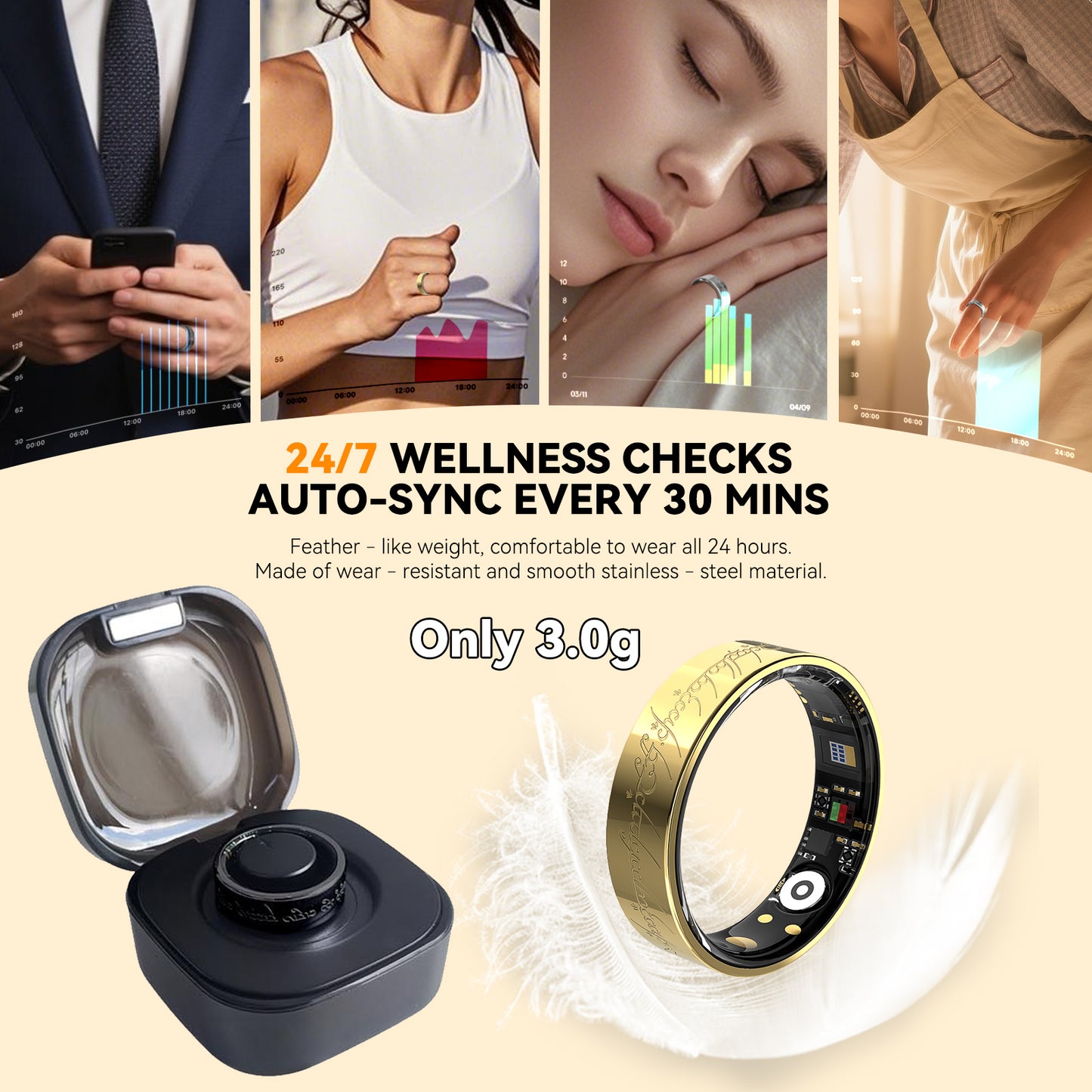 Gold Smart Health Ring - IP68 Waterproof Fitness Tracker (Heart Rate, SpO2, BP, Sleep, Steps) | iOS/Android No Subscription