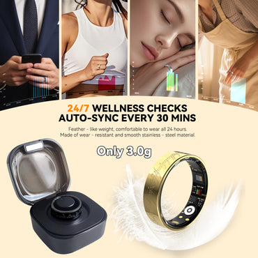Gold Smart Health Ring - IP68 Waterproof Fitness Tracker (Heart Rate, SpO2, BP, Sleep, Steps) | iOS/Android No Subscription