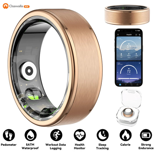 Osawalla RP01 gold smart ring with health app, charging case, and 7 fitness tracking features