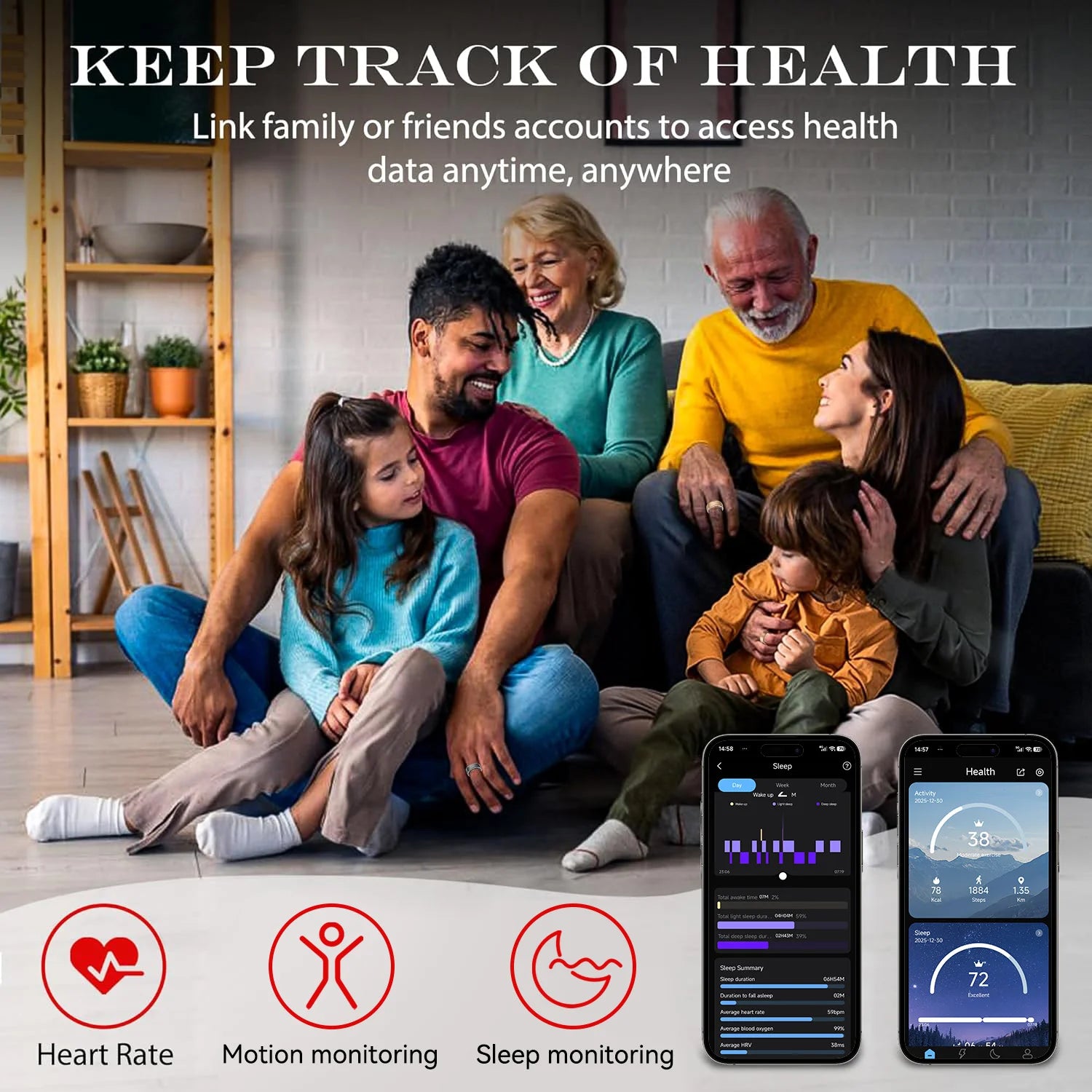 Family at home using Osawalla RP01 smart ring to track heart rate, motion, and sleep health