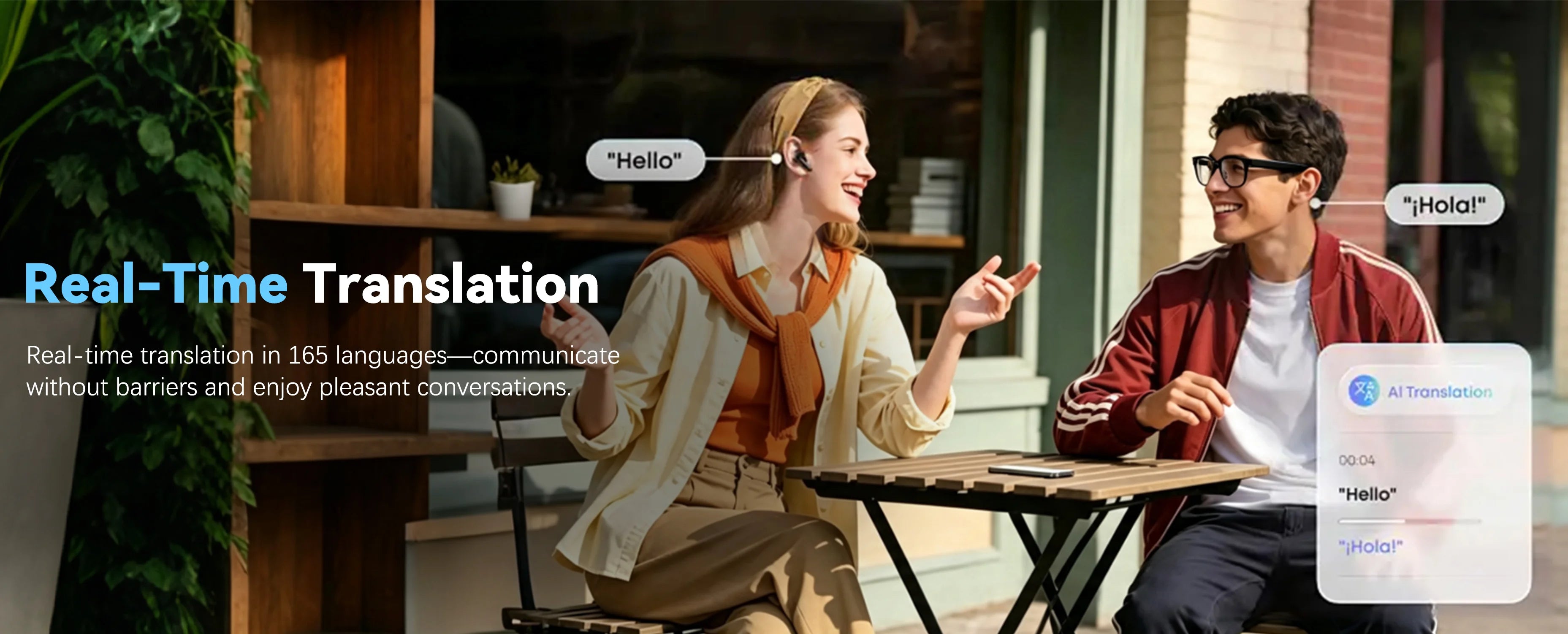 Osawalla GP10 smart glasses demo real‑time AI translation, cross‑language conversation at outdoor café