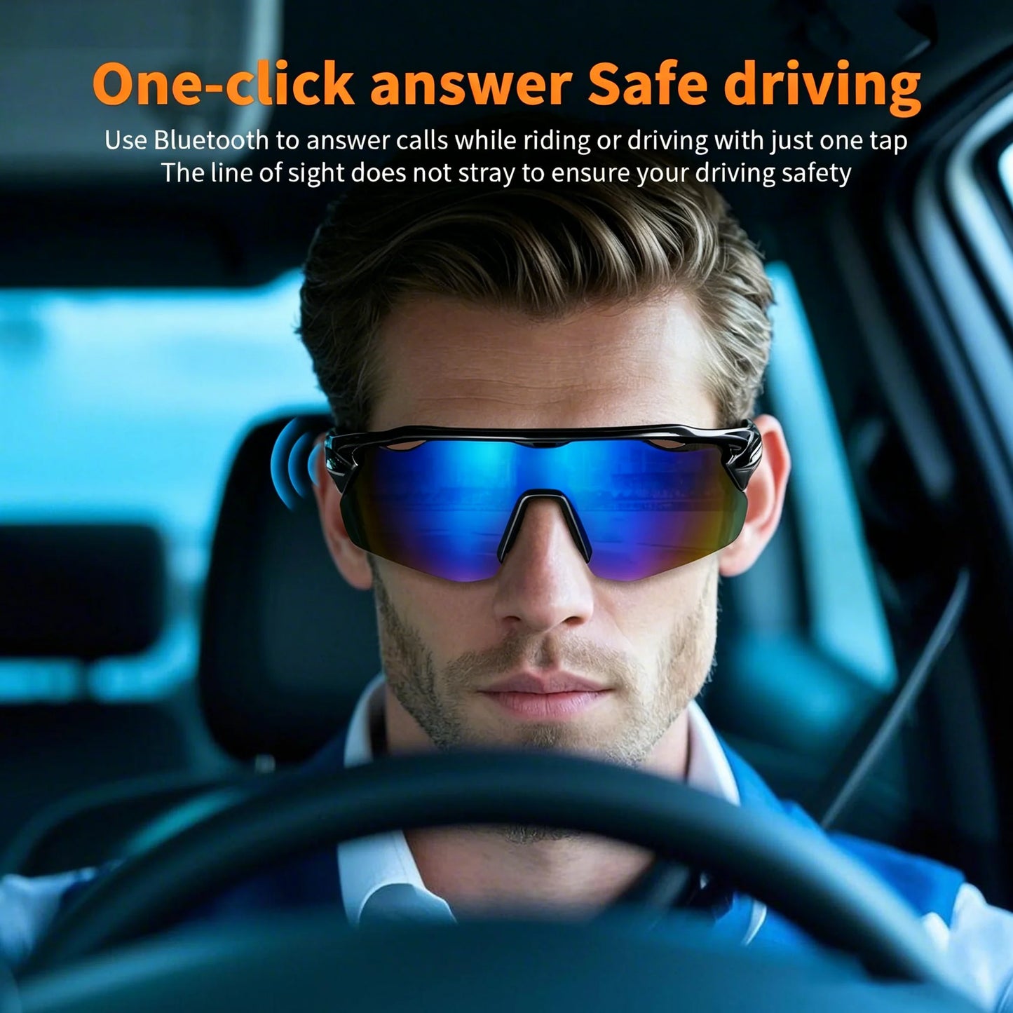 Man driving car wearing Osawalla smart glasses with one-click Bluetooth call answering
