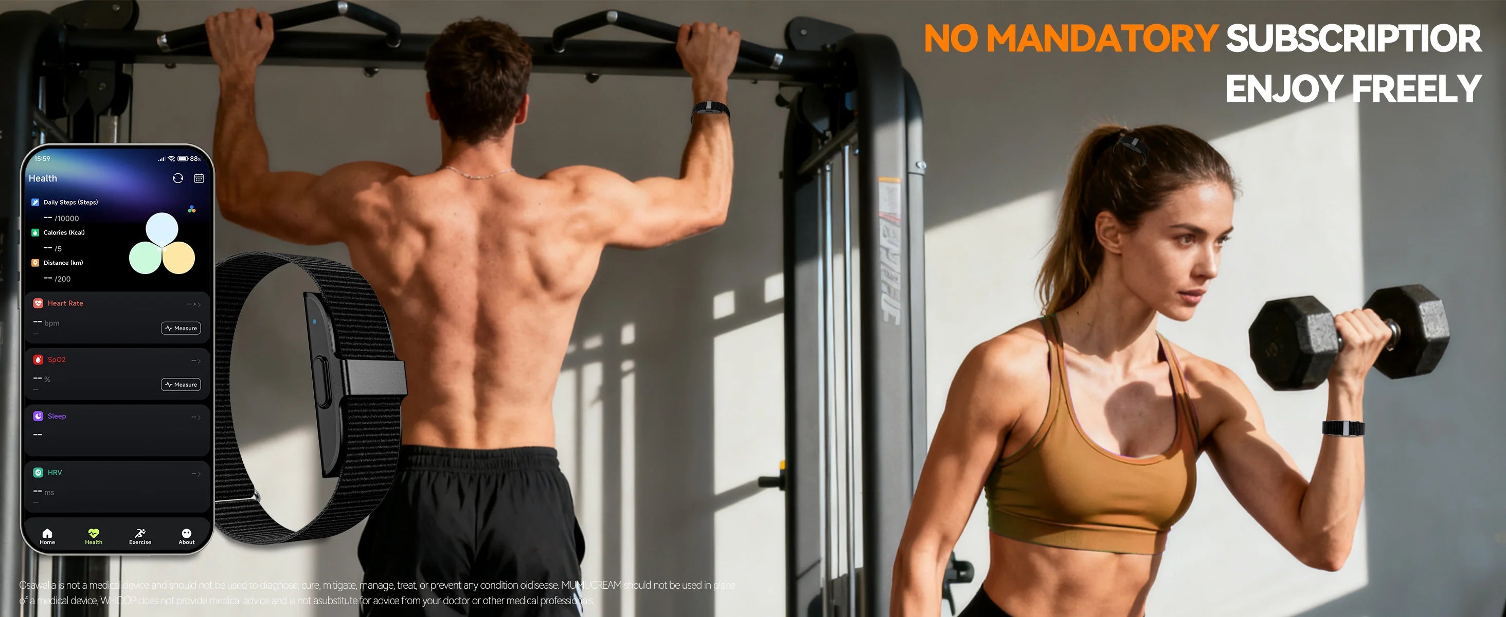 Man and woman working out while wearing Osawalla fitness bracelet with health app