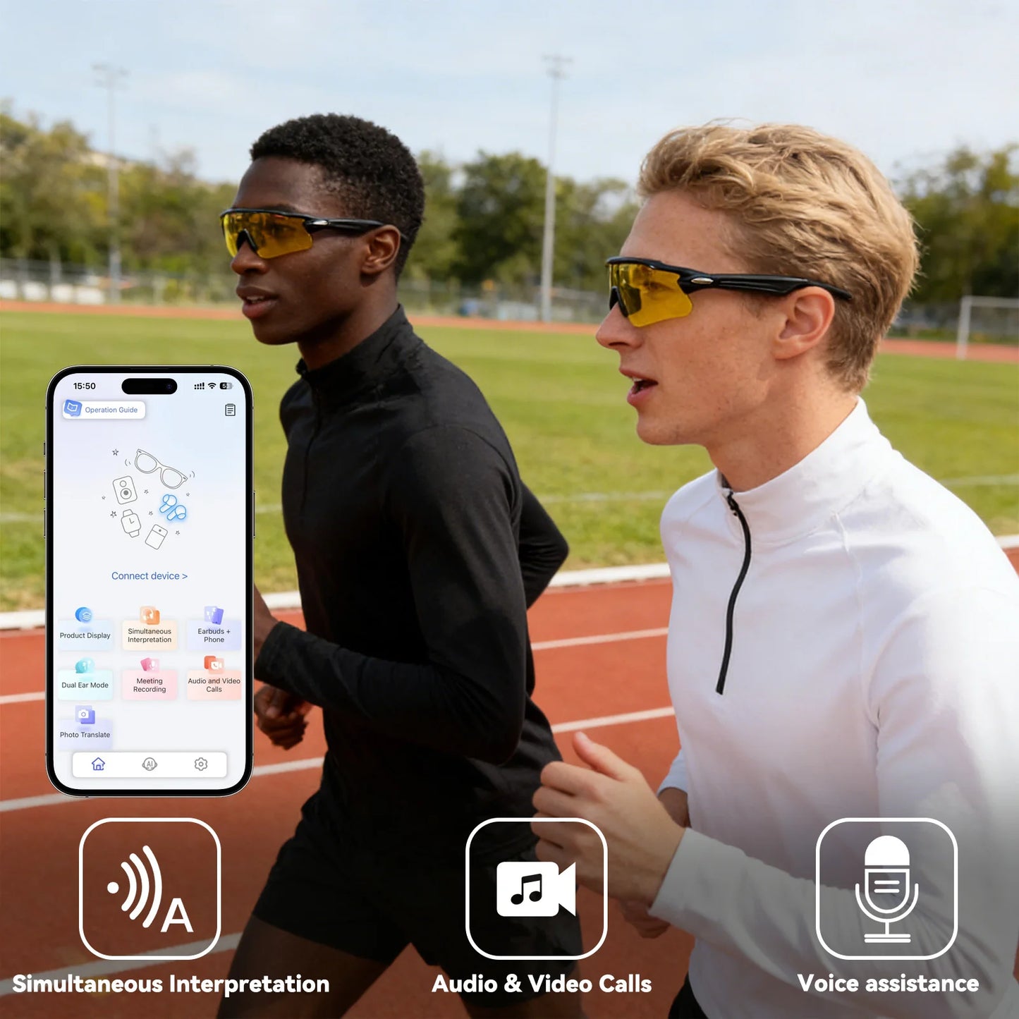 Two runners on a track wearing Osawalla smart glasses with yellow lenses and app control