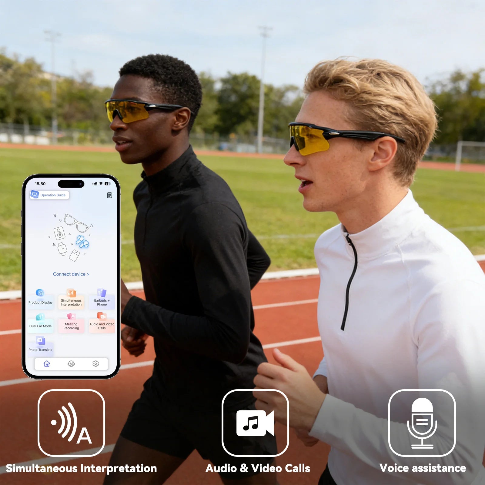 Two runners on a track wearing Osawalla smart glasses with yellow lenses and app control