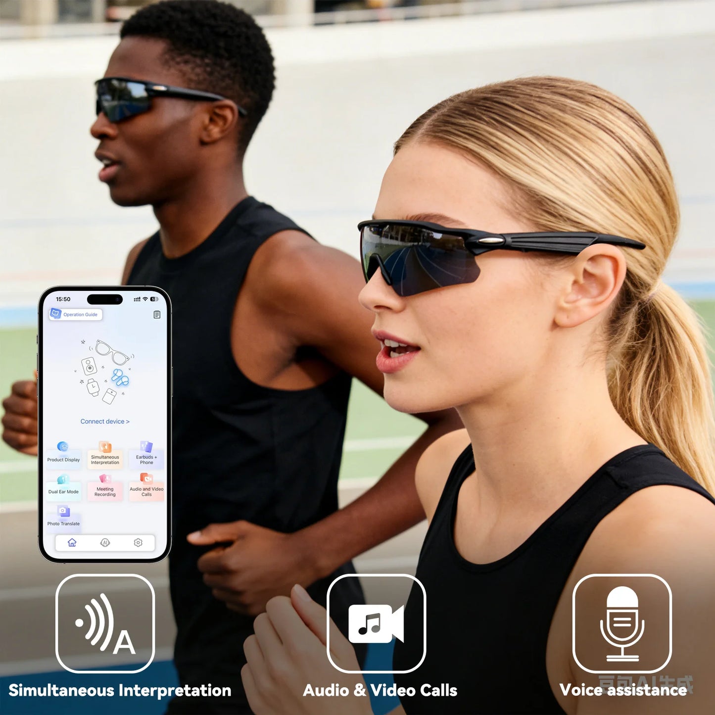 Man and woman running outdoors wearing Osawalla smart glasses with app control