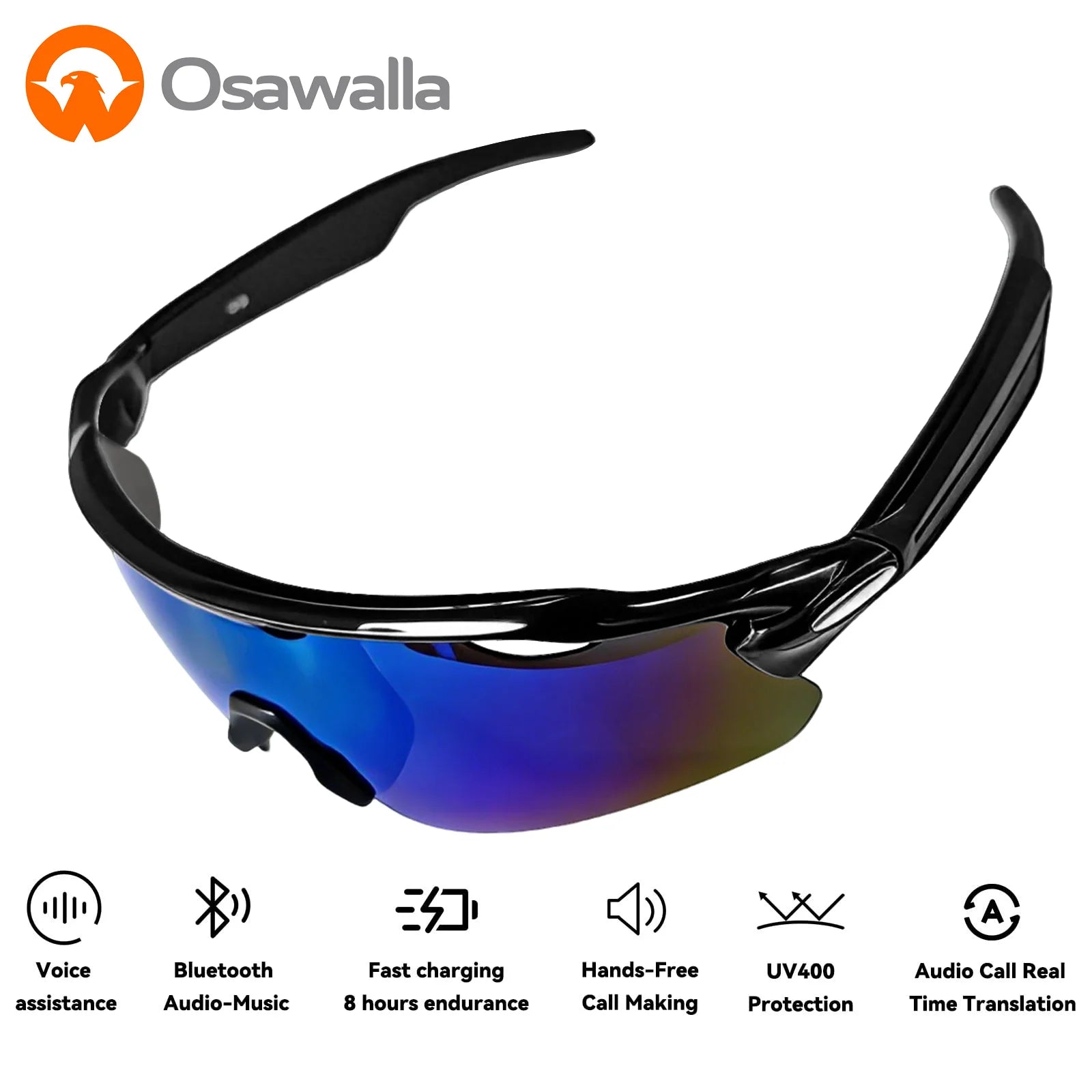 Osawalla smart audio glasses with blue lenses, Bluetooth music, and UV400 protection