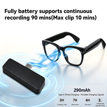 Osawalla smart glasses battery specification graphic, 290mAh charging capsule, recording and playback battery life details.