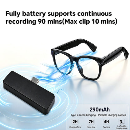 Osawalla smart glasses battery specification graphic, 290mAh charging capsule, recording and playback battery life details.
