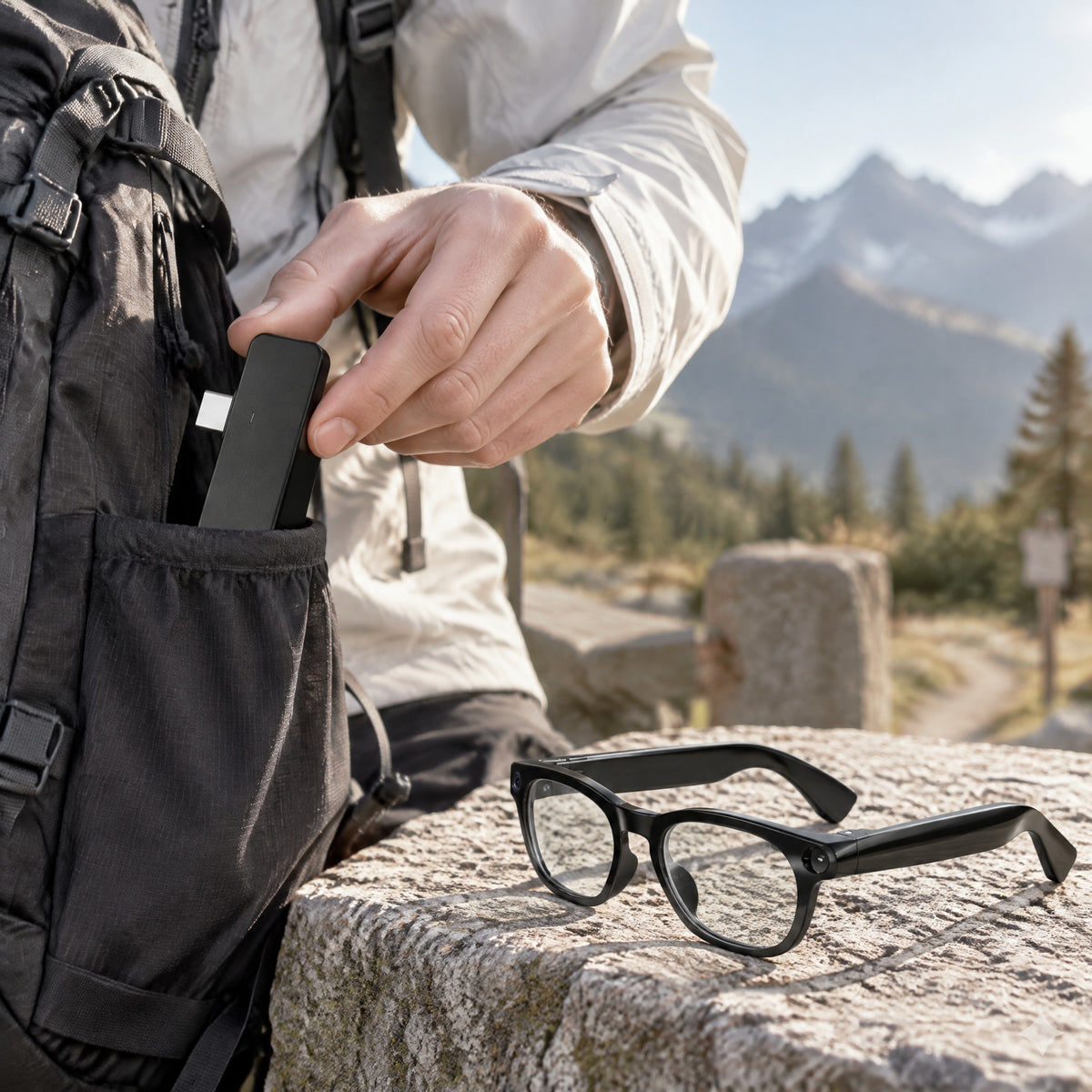 Compact Osawalla charging pod taken out from hiking backpack, smart glasses placed on rock, mountain outdoor travel scene.