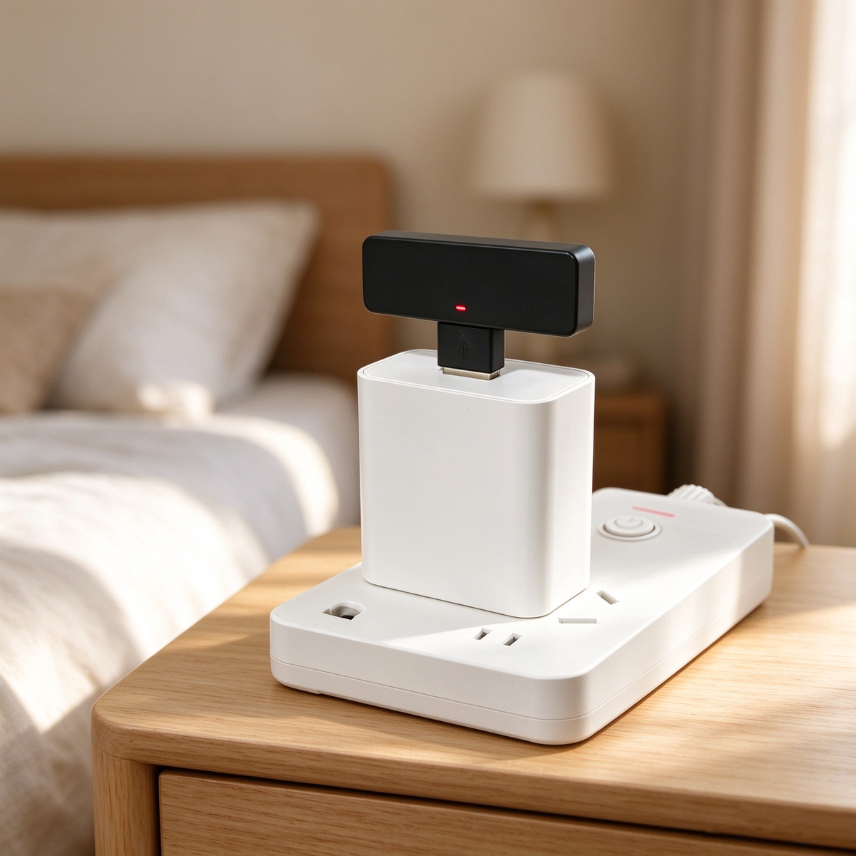 Osawalla charging pod plugged into wall charger on bedside table, LED indicator on, charging accessory for smart glasses.