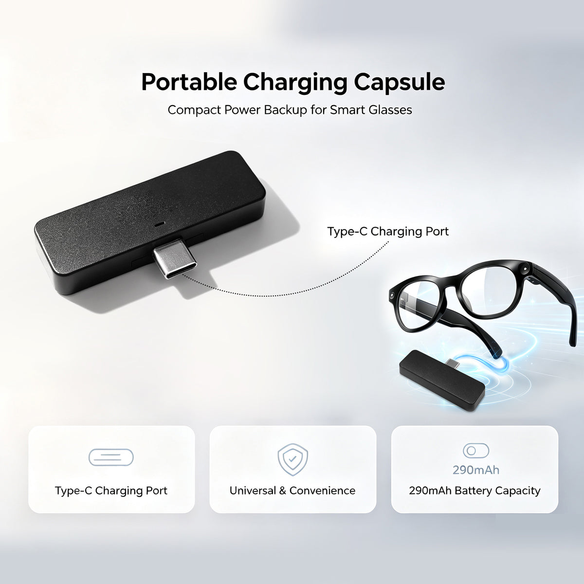 Osawalla portable charging capsule for smart glasses, 290mAh, Type-C port, compact backup power accessory diagram.