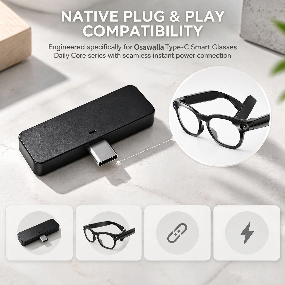 Osawalla smart glasses promotional banner, add $1 to get charging pod, bundle deal, woman wearing black smart glasses outdoors.