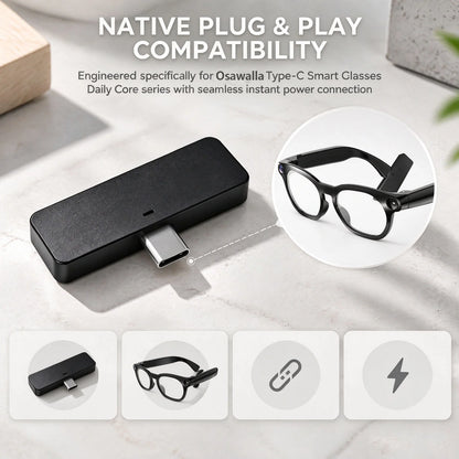 Osawalla smart glasses promotional banner, add $1 to get charging pod, bundle deal, woman wearing black smart glasses outdoors.