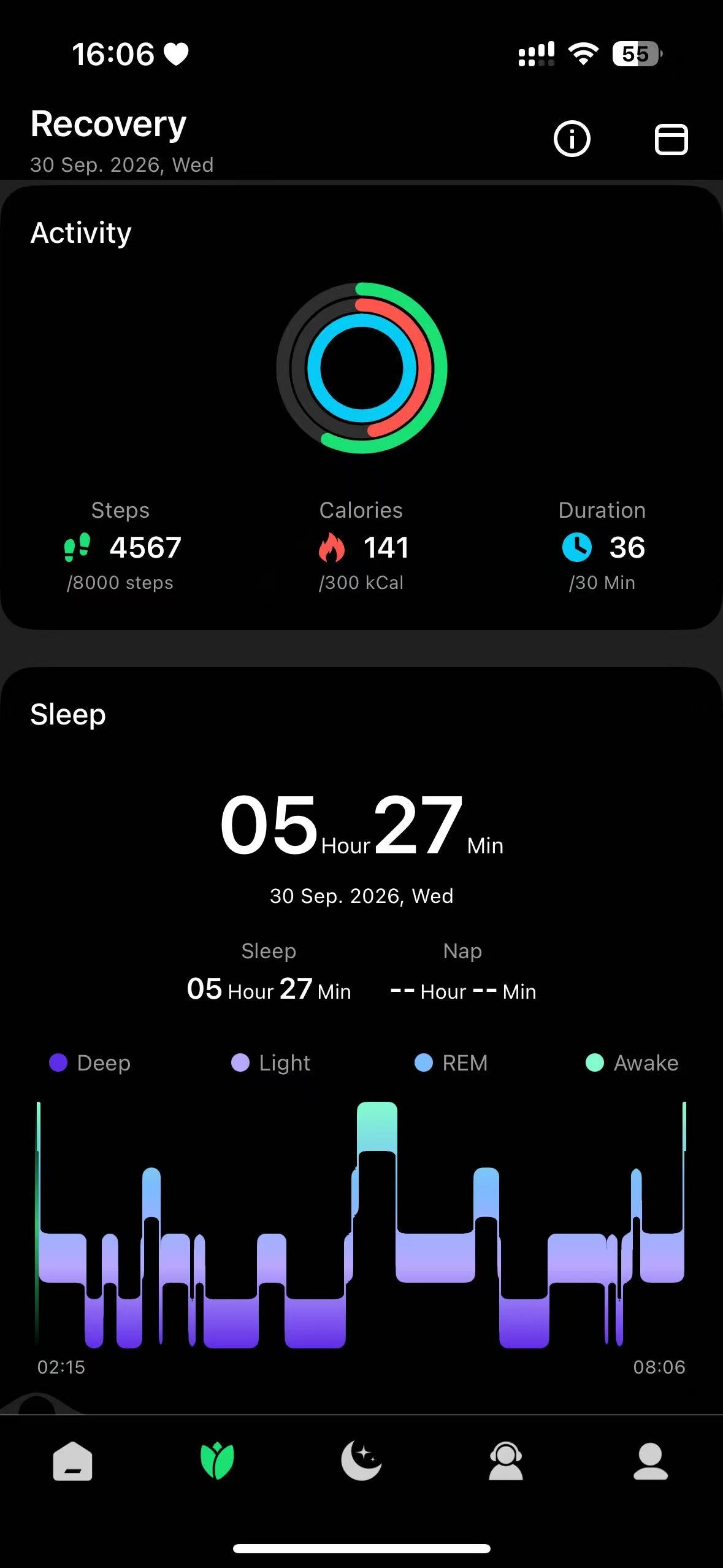Recovery tab showing Activity and Sleep summaries