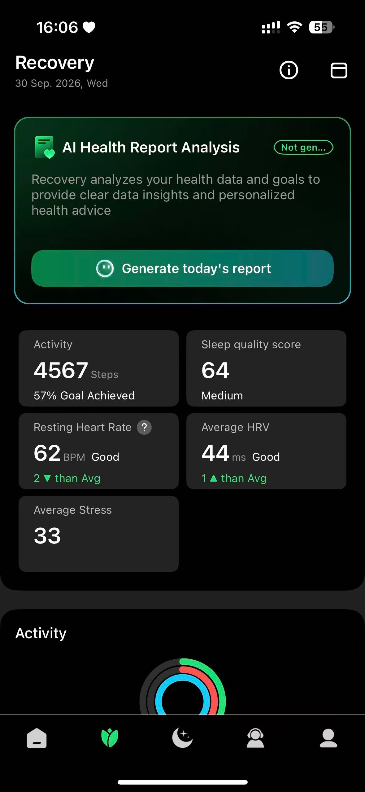 AI Health Report Analysis with activity and sleep metrics