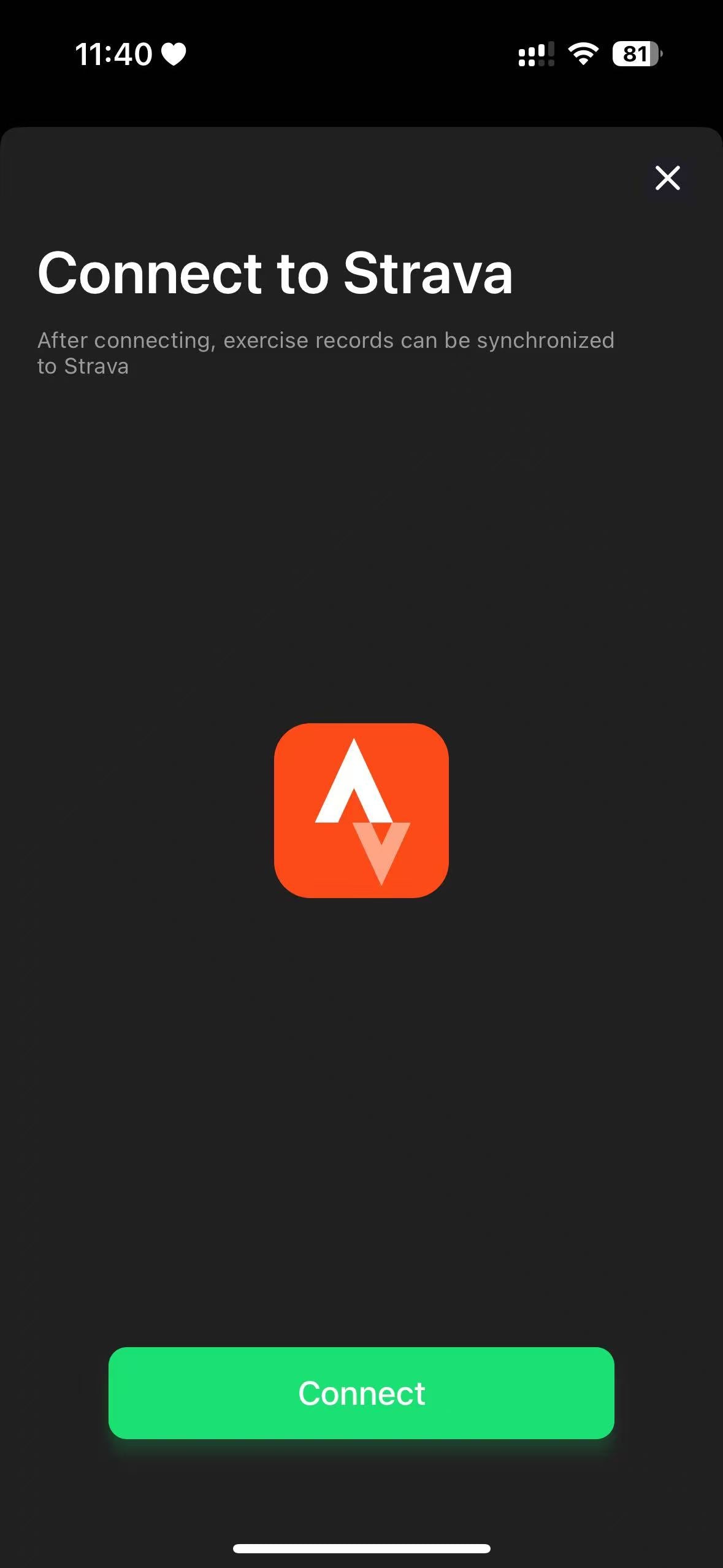 Strava connection screen